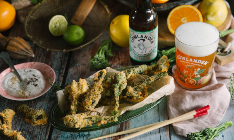 Gerecht  in tempura beslag gecombineerd met Lowlander Grapefruit Ale